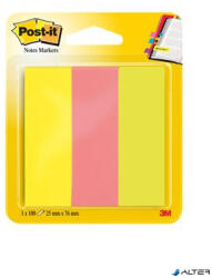 3M POSTIT Jelölőcímke, papír, 3x100 lap, 25x76 mm, 3M POSTIT, vegyes neon színek (7100172769)