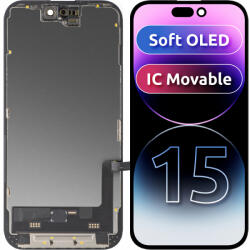 MP Display cu Touchscreen MP compatibil cu Apple iPhone 15, cu Rama, Versiune Soft OLED FHD IC Movable, Negru - gsmnet