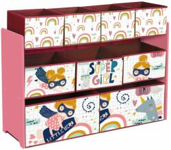 Ginger Home Gyerek Játék- és Könyvtároló Polc 9 Textil Tárolókosárral, Gyerekszoba Rendszerező Állvány, SUPER GIRL (TF6018)