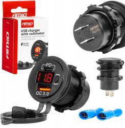 AMiO , Usb és Usb-C Aljzat Voltmérővel, Beépíthető, Vízálló, 12/24V (0504222) (0504222) (0504222)