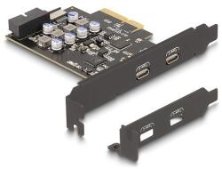 Delock PCI expressz x4 kártya - 2 x külső USB Type-C csatlakozó + 1 x belső USB 10 Gbps Type-E Key A and 1 x 19 pin USB pin header male - alacsony profilú formatényező (90345)