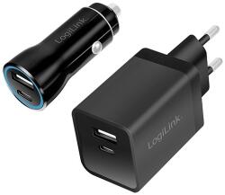 LogiLink USB töltőkészlet, autós és váltóáramú, USB-C/F + USB-A/F, 5 V/15 W, fekete (PA0300)