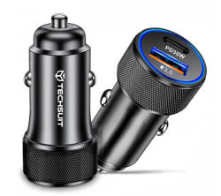 Techsuit - Prémium Autós Töltő VoltDuo (C2) - LED Fénnyel, USB QC 3.0, Type-C PD30W, 5V/3A, ABS, Fém - Fekete