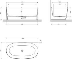 Omnires Valencia M+ térben álló kád 148x77 cm négyszögletes fehér VALENCIA148SWPBM (VALENCIA148SWPBM)