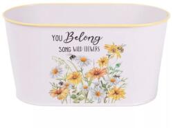  Bádog kaspó, ovális, margaréta mintás, fehér