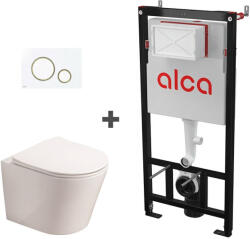 Fluminia Set ramă de montaj cu rezervor și clapetă de acționare alb - auriu, Alcadrain și vas WC suspendat Fluminia, Clementina (AM101/1120+M775+G5330WH)