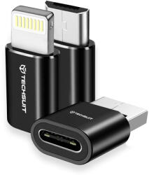 Techsuit - Prémium OTG Adapter TriFlashX (A19) - 3x Type-C csatlakozó Type-C/Micro-USB/Lightning csatlakozókhoz, Plug & Play, Alumínium ötvözet - Fekete
