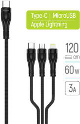 ColorWay USB-C Kábel Lightning - Micro USB - USB-C csatlakozók - 3A PD60W 1.2m (CW-CBPDU3060-BK)