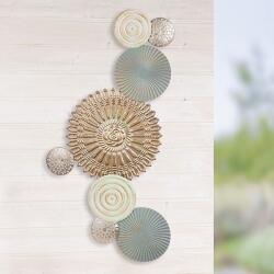  Hatalmas 90cm-es antikolt kékes, zöldes, arany színű körös fém fali dekor