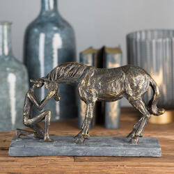  Gyönyörű bronz színű lovat és lovasát ábrázoló szobor 32cm