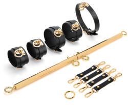 SuperLove Deluxe Metal Spreader Bar with Leather Cuffs, Collar & Hogtie Gold-Black