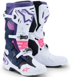 Alpinestars Tech 10 motoros csizma fehér-lila-kék-fluo rózsaszín