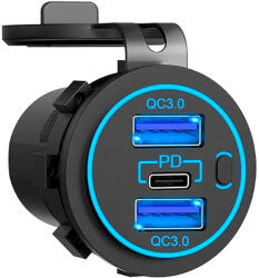AVC Autós USB töltő 2xQC3.0 + PD kék világítással (49468)