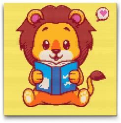  Gyémántszemes kirakó - Oroszlánkölyök könyvvel Méret: 30x30cm, Keretezés: Keret nélkül (csak a vászon), Gyémántok: Kerek