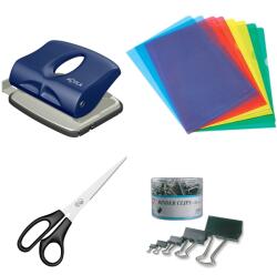 Acvila készlet 12 db 41 mm-es fémcsipesz + 21 cm-es olló + 15 db fémlemez lyukasztó + 10 db 90 mm-es nyílású színes PP mappa készlet