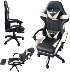 PRO-X GOBORELAX Scaun gamer cu funcție de masaj, suport pentru picioare - alb și negru (BM028)