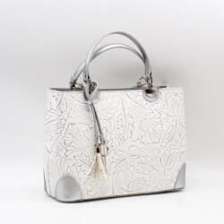  Bőr fehér / ezüst / ezüst virágmintás díszsarkos női kézi / válltáska