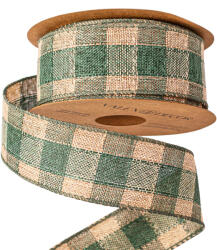  Kockás vászon szalag drótos szegéllyel 40mm x 10m - Zöld/Ekrü (KR4010-10)