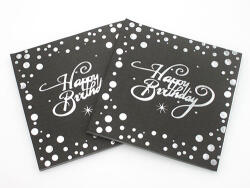  Happy Birthday fekete-ezüst szalvéta 20 db - partywebshop