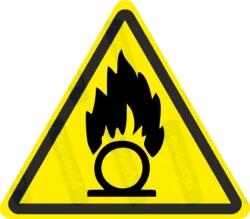  Oxidáló - égést tápláló anyag veszélye piktogram matrica ISO 7010 W028 : Tábla-matrica mérete - 150 x 131 mm, Tábla-matrica típusa - matrica