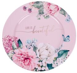  IRIS bádog tálca, kör alakú, rózsaszín rózsás, life the beautiful felirattal 33 x 1, 5 cm 081140 (081140)