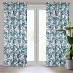 Takoy Draperie ELINA cu imprimeu de frunze turcoaz și bleumarin pe fundal alb, realizat din microfibră ușoară DESIGN 91