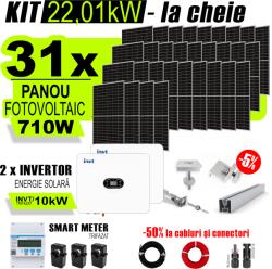 AustrianSolar Kit Complet Sistem Fotovoltaic 22kW Hibrid trifazat, cu Montaj, 2 Invertoare INVT si 31 panouri fotovoltaice X-energy Longi 710 W (XSOL_Hi_TRI_22,01KW_Panta)