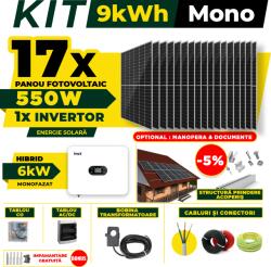 AustrianSolar Kit Complet Sistem Fotovoltaic 9kWh Austrian Solar Monofazat, Invertor Hibrid , Panouri Fotovoltaice 550W (Optiune Montaj + dosar prosumator) (X87ACOPERIS)