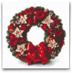 Gyémántszemes kirakó - Piros karácsonyi koszorú Méret: 30x30cm, Keretezés: Keret nélkül (csak a vászon), Gyémántok: Kerek