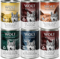 Wolf of Wilderness 6x400g Wolf of Wilderness 'The Taste Of' nedves kutyatáp vegyes próbacsomagban: 2xCanada, 1xScandinavia, Mediterranean, 1xSavanna, 1xOutback