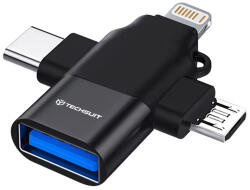 Techsuit - Prémium OTG Adapter SoundVoltX (A17) - 4 az 1-ben, USB-ről Micro-USB + Type-C + Lightning, Plug and Play - Fekete