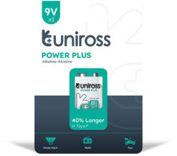 Uniross 9V 6LR61/blokk tartós alkáli elem POWER PLUS 1db/csomag (UPP9PK1)
