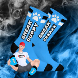 SneakFreaxx WOOF PUPPY - stílusos kutyás zokni kék színben