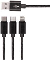 Setty 3in1 kábel - USB - Lightning / Type-C / MicroUSB fekete szövet kábel 2A, 1, 2m