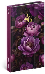 Realsystem Határidőnapló mágnessel záródó REALSYSTEM 130x210mm heti sárga lapos Purple flowers 2026 (5413-PF) - papir-bolt