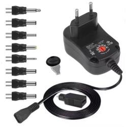  Univerzális hálózati adapter mérlegekhez 230V, 12W, 3V/4, 5V/5V/6V/7, 5V/9V/12V, sztandard, vagy fordított polaritás, 8 DC plusz egy mikro USB csatlakozó