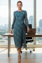 RohBoutique Rochie midi turcoaz din voal cu imprimeu auriu și cordon, Roh DR4787