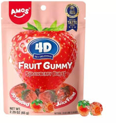 Amos Sweets 4D Fruity Gummy Strawberry eperlével töltött gumicukor 65g - delfinbuvar