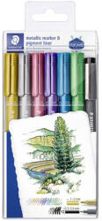 STAEDTLER Dekormarker, 1-2 mm, kúpos, STAEDTLER "8323", 6 különböző metál szín, ajándék fekete tusfilccel