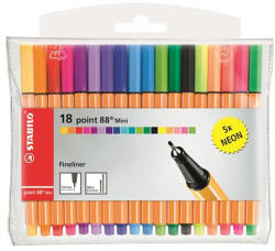 STABILO Tűfilc készlet, 0, 4 mm, STABILO "Point 88 Mini Neon", 18 különböző szín