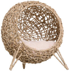 AOSOM Kisállat ágy macska fekhely Ø52x58 cm macskaágy rattan kosár párnával emelt kialakítású natúr