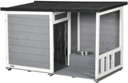 AOSOM Kutyaház 103x62x66 cm 2 etetőtállal, verandával időjárásálló fa, szürke-fehér