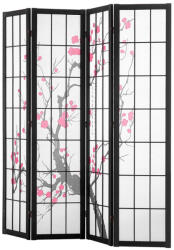 VEVOR Térelválasztó 4 paneles japán stílusú paraván fekete fa keret, cseresznyevirág mintás, összecsukható (RSPF4MBLXTA08J8ANV0)