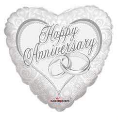 Conver Happy anniversary, szív fólia lufi, ezüst , gyűrűkkel, 45 cm