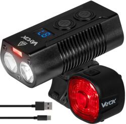 Vayox VA0045, VA0156 első és hátsó kerékpár lámpa készlet alumíniumból, 2x XML COB és 17x SMD forrás, újratölthető akkumulátor 4000 mAh, akkumulátorjelző, USB töltés, Powerbank, vízálló, 750 lumen, fekete (