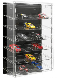 Rosa Modellautó vitrin, polc bemutató szekrény átlátszó akril 1: 32 méretarányú modellekhez döntött polcokkal fekete hátlappal