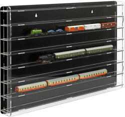 Rosa Modellvasút vitrin, polc bemutató szekrény átlátszó akril TT méretarányú modellekhez fekete hátlappal