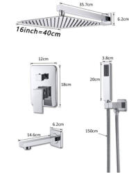 Dusche Fali zuhanyszett falba építhető falsík alatti csaptelep inox esőztetős zuhanyfej 40 cm, kézi zuhanyfejjel, fix kádtöltő csapteleppel