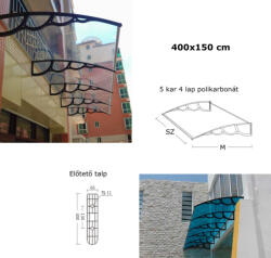 Silver Wing Miko A szokásosnál nagyobb mélységű előtető 400x150 cm fekete keret színtelen üregkamrás polikarbonát tetőlap H típusú kar