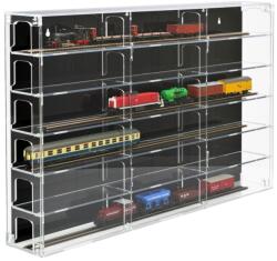 Rosa Modellvasút vitrin, polc bemutató szekrény átlátszó akril H0 méretarányú modellekhez fekete hátlappal mindkét oldalon zárt